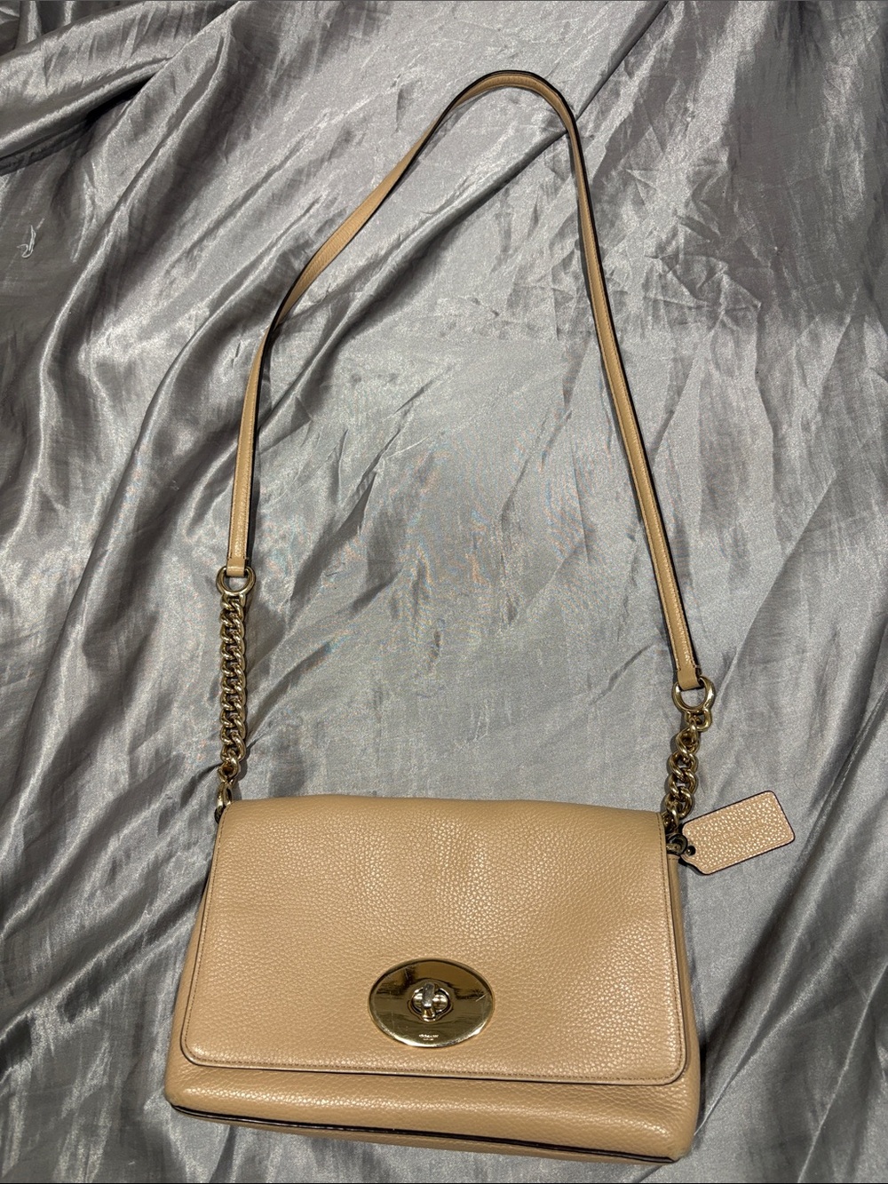 Coach Beige Pebble Leather Shoulder Bag with Gold Hardware